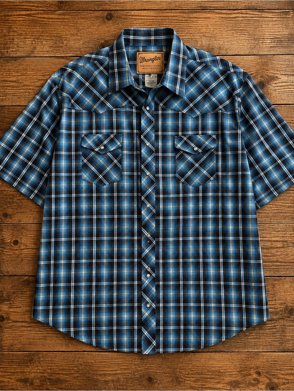 Wrangler Blue and Black Plaid Short Sleeve Pearl Snap Button-Down Shirt 3XL